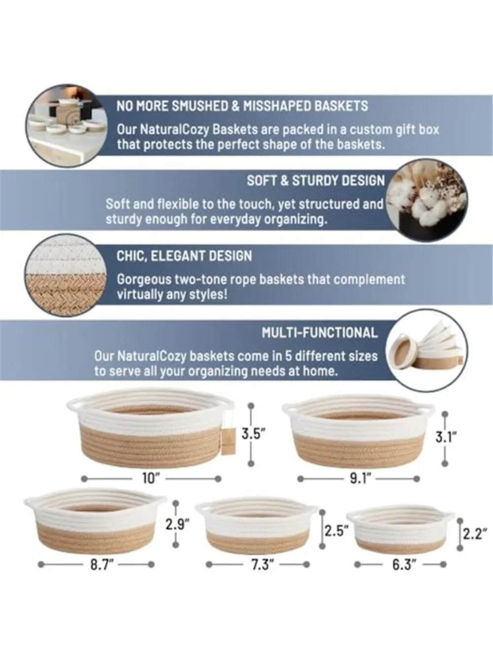 New 5-Piece Round Woven Cotton Rope Storage Baskets for Organizing, Small Shallo
